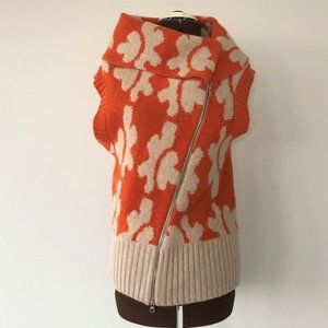 Orange and Cream Floral Knit Vest with Diagonal Zipper Closure